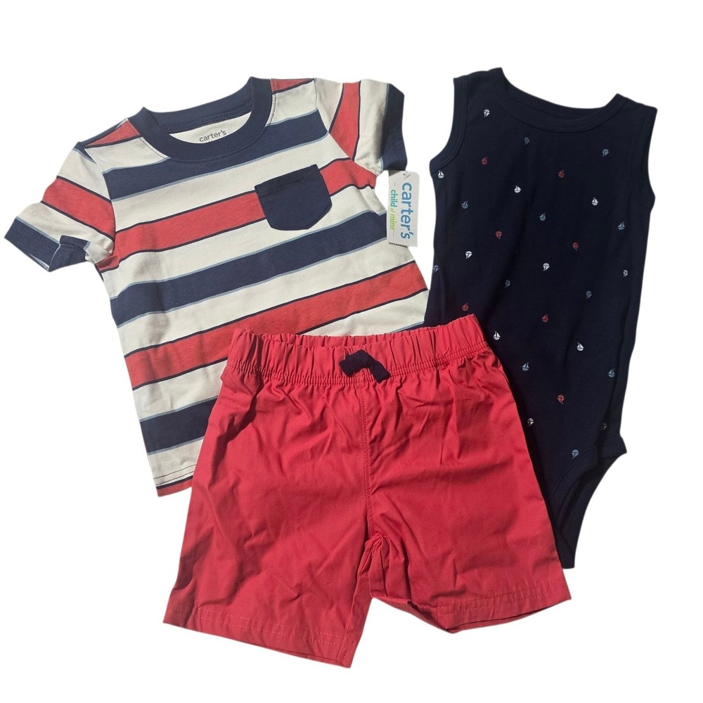 Carters 24M Baby Boys 3pc Set Striped Tee Sailboat Bodysuit Red Shorts outfit